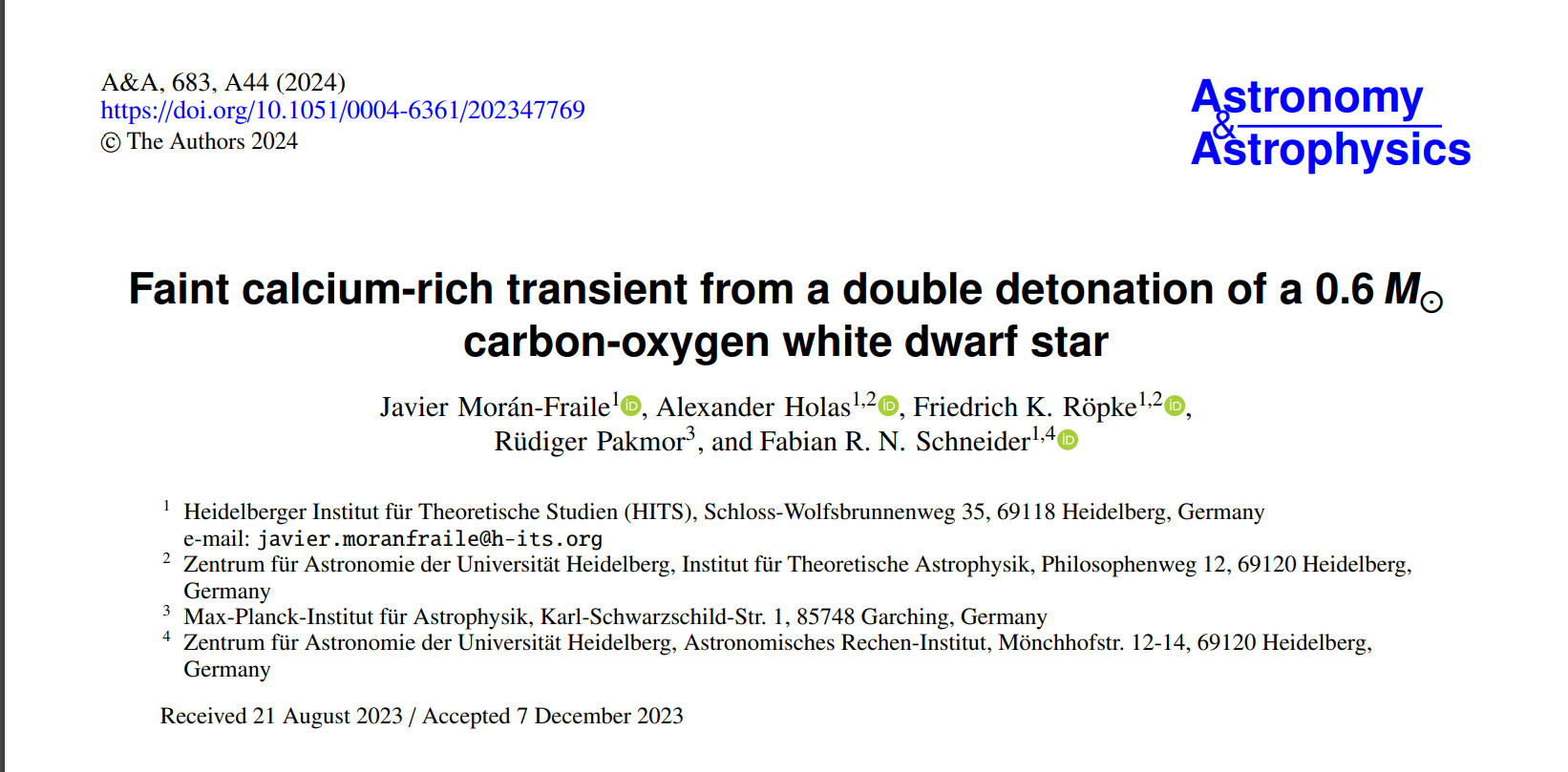 Faint calcium-rich transient from a double detonation of a 0.6 M⊙ carbon-oxygen white dwarf star